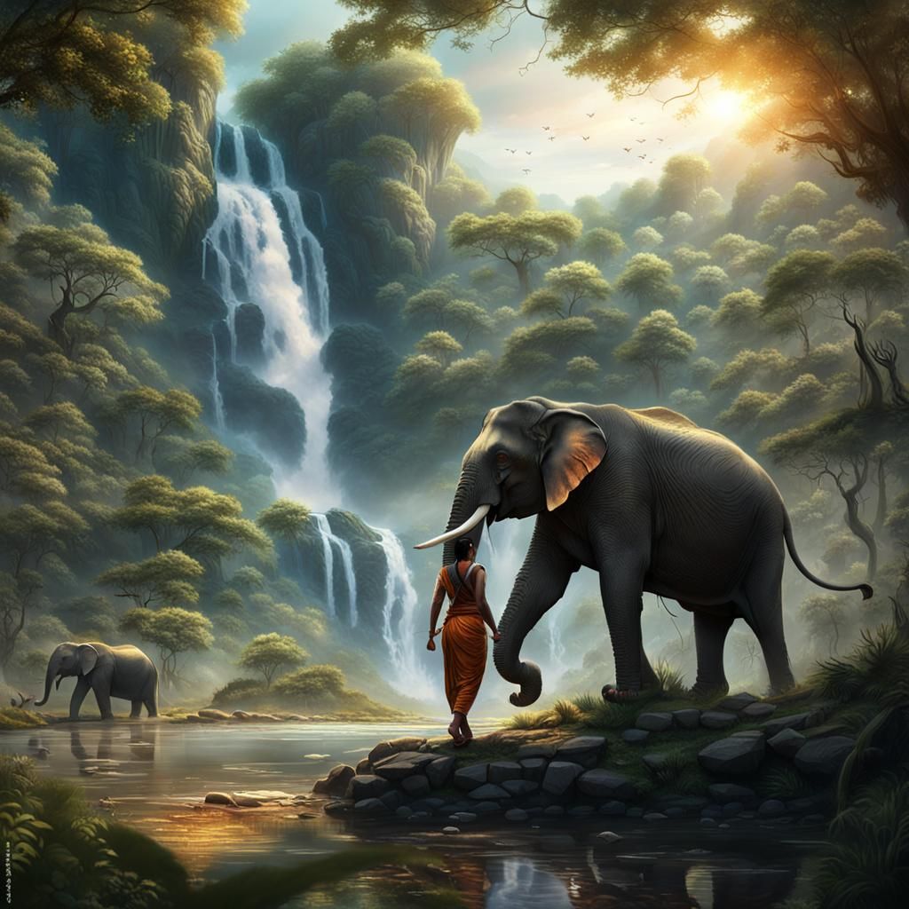 Elephant and Tiger Fight: Detailed Matte Painting