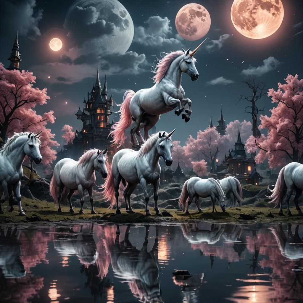 Unicorns Reflecting Moonlight: Detailed Fantasy Painting