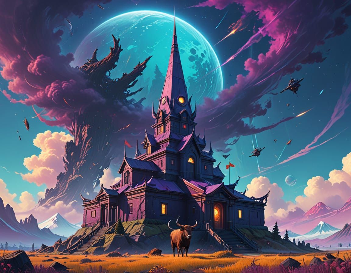 Ethereal Temple Amidst Cosmic Vortex