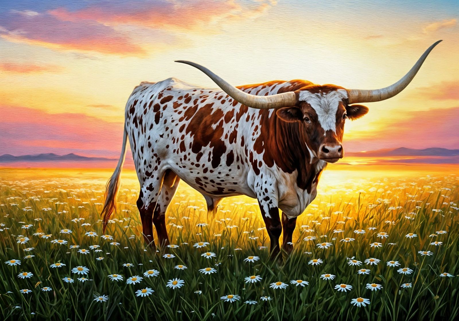 Spectacular Texas Longhorn Bull in Sunset Field