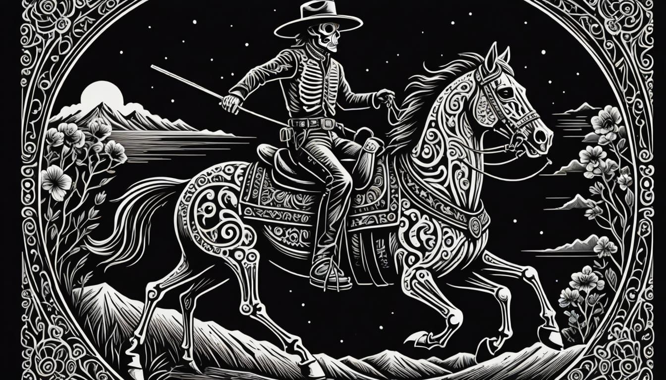 Día de los Muertos Skeleton Vaquero in Traditional Linocut S...