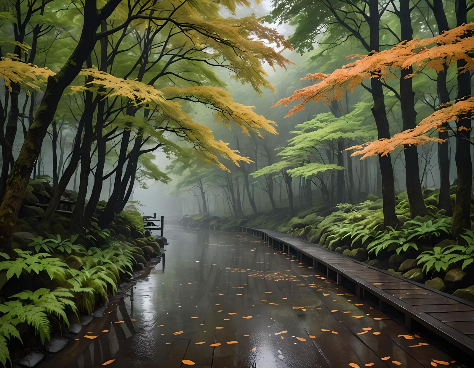 Rainy Onsen Scene in Cozy Forest Path