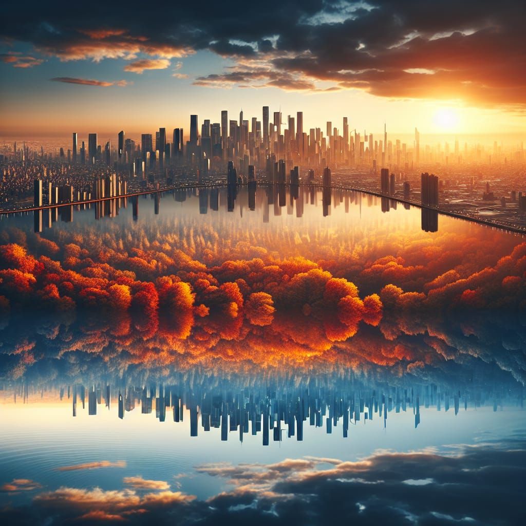 Cityscape Dusk Reflection Over Calm Lake