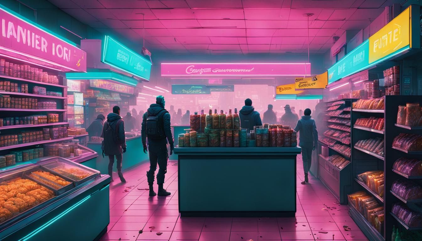 The inside of a convenience store with multiple people attem...