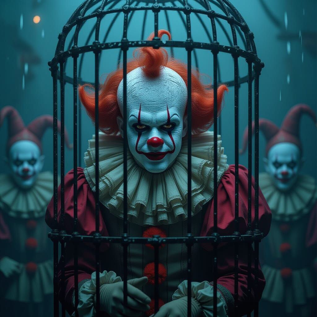 Melancholic Clown in Cage, Dark Dreamscape Style