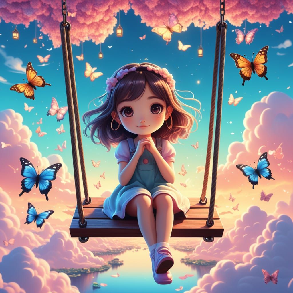 Cute Girl on Swing in Surreal Pastel Fantasy World