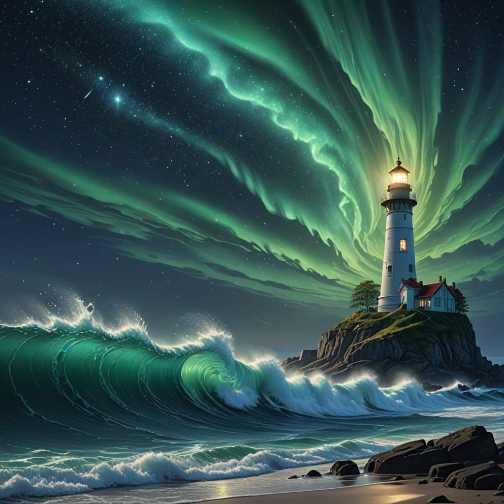 Emerald Sea Glass Lighthouse Under Starry Aurora Sky