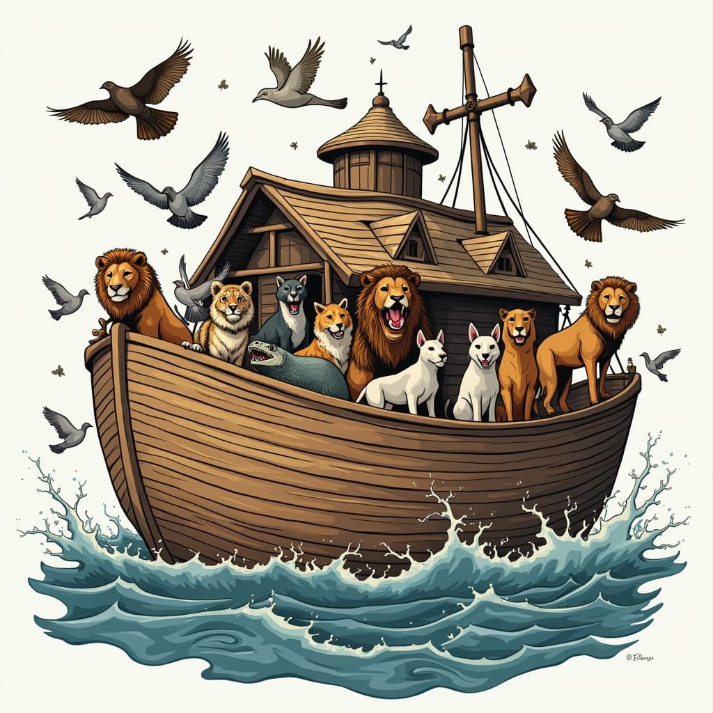 Vintage Noah's Ark with Diverse Menagerie