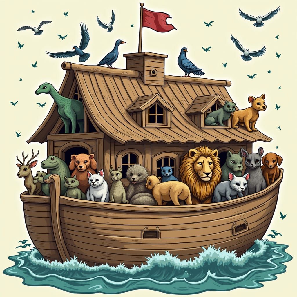 Vintage Wood-Carved Noah's Ark Teeming with Diverse Zoo Crea...