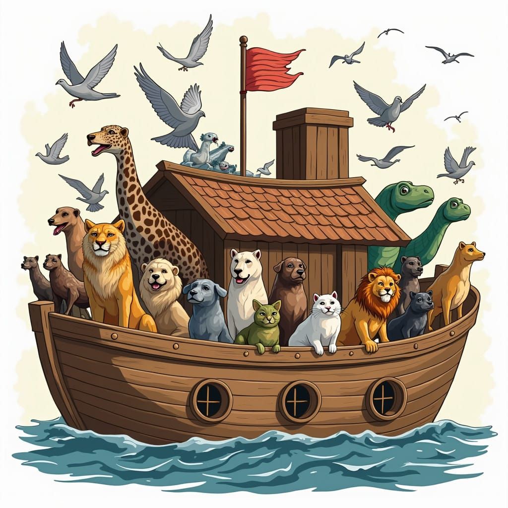 Ancient Wooden Ark Teeming with Diverse Wildlife in a Classi...