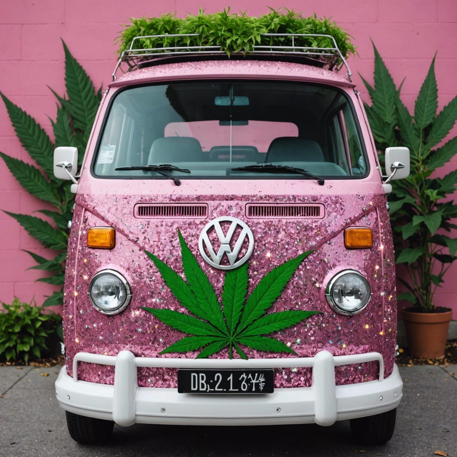 Glittering Weed-Themed Pink Volkswagen Van