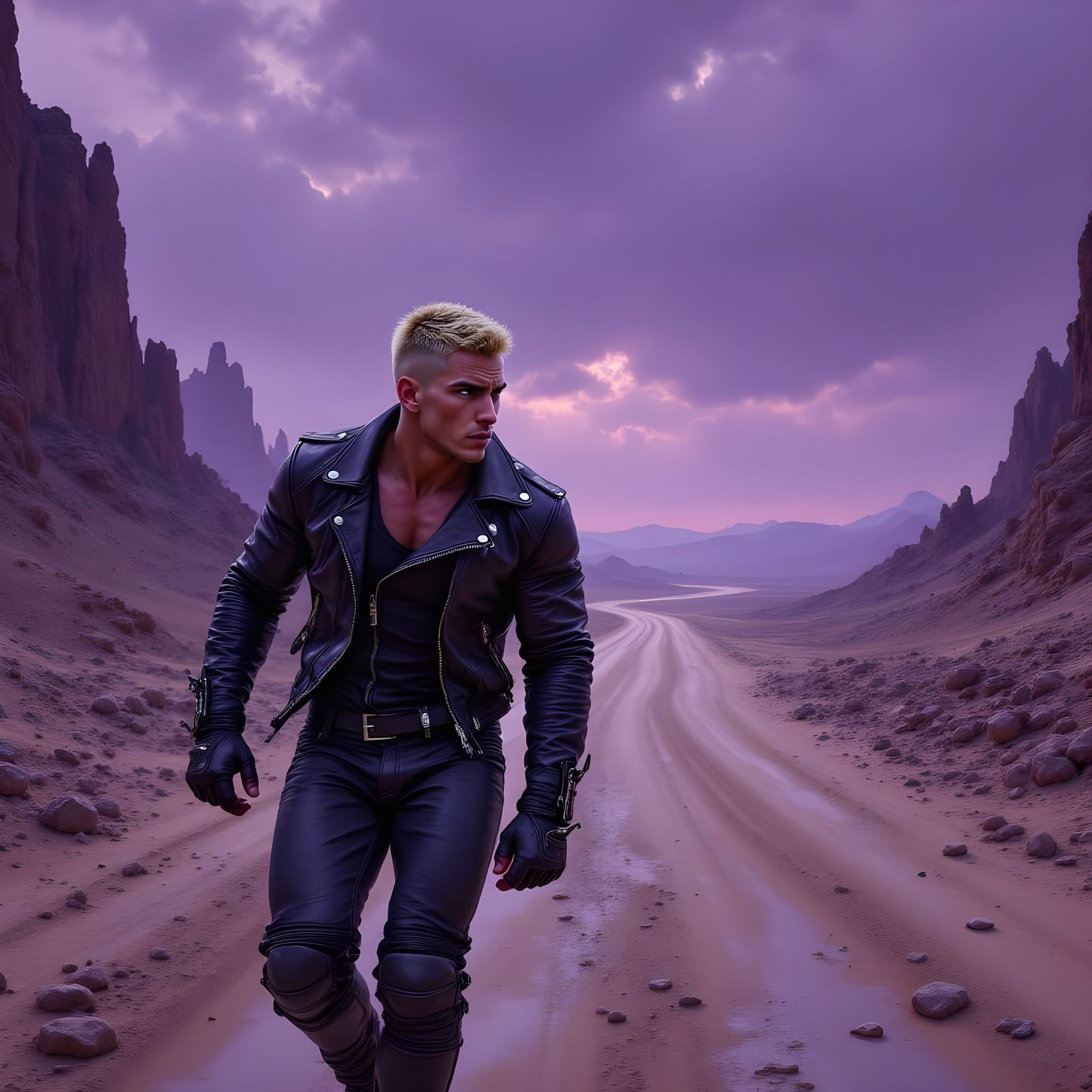 Apocalyptic Racer in Stormy Wasteland Oil Painting