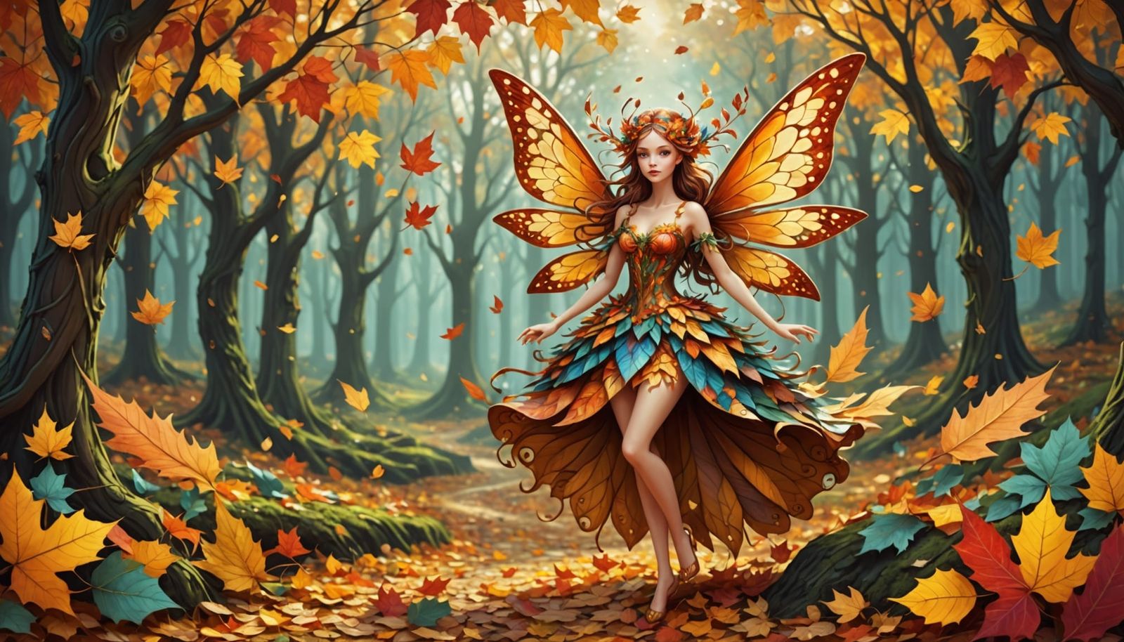 Enchanting Autumn Fairy Dancing Amidst Fractal Leaves