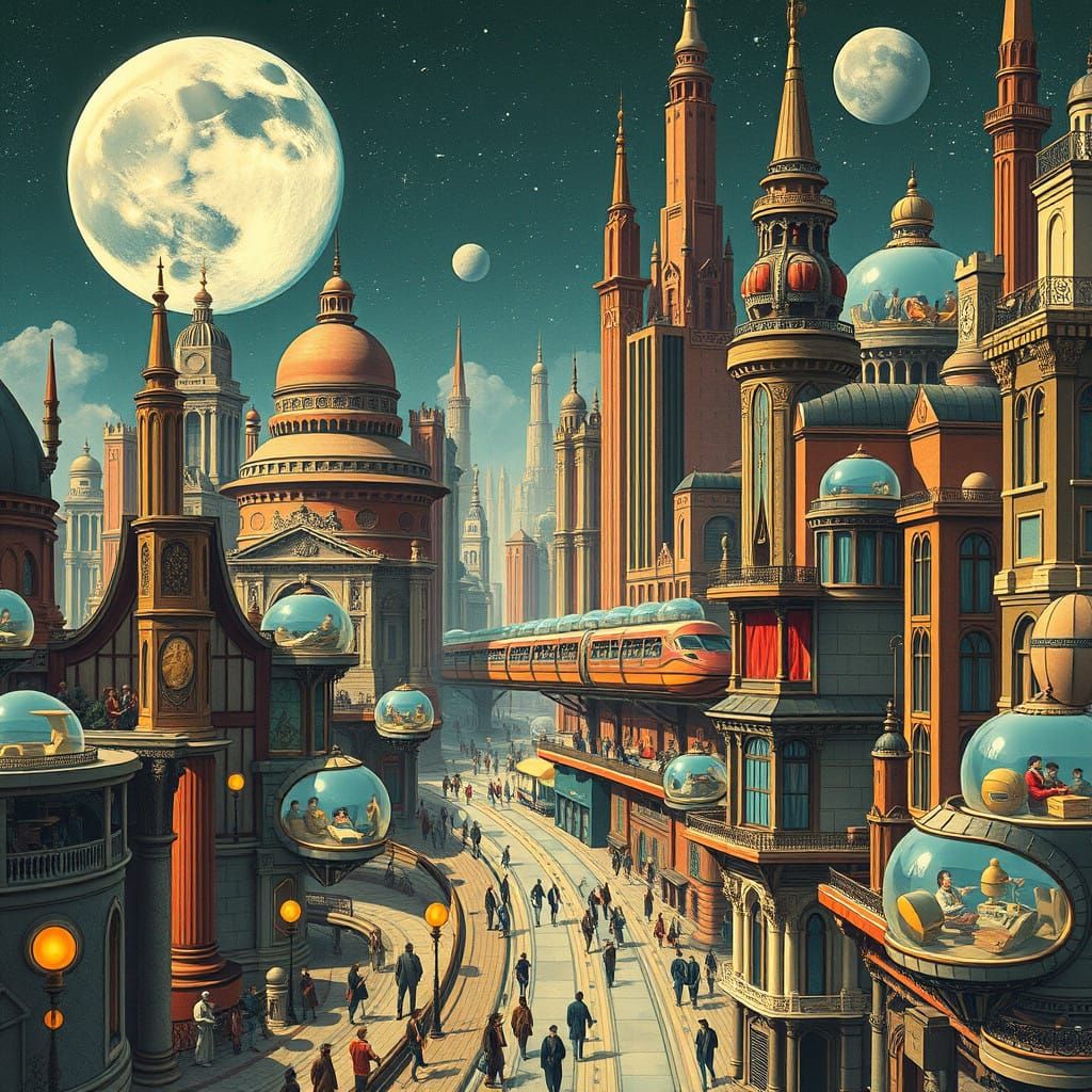 Surreal Victorian Metropolis on a Futuristic Moon Base