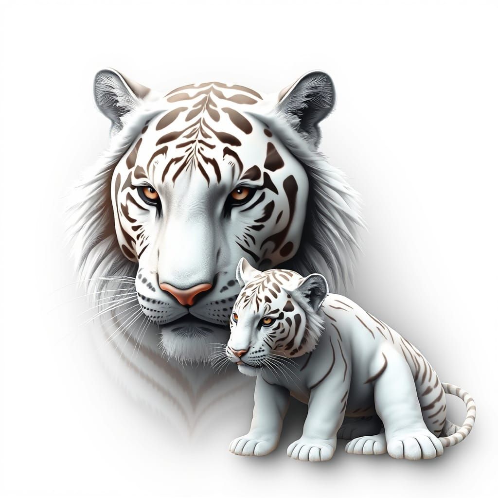 Majestic White Tiger and Cub in Abstract Style