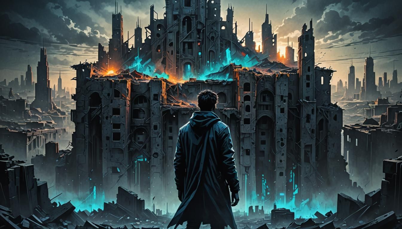 Dark Expressionist Art of a Ruined Cityscape