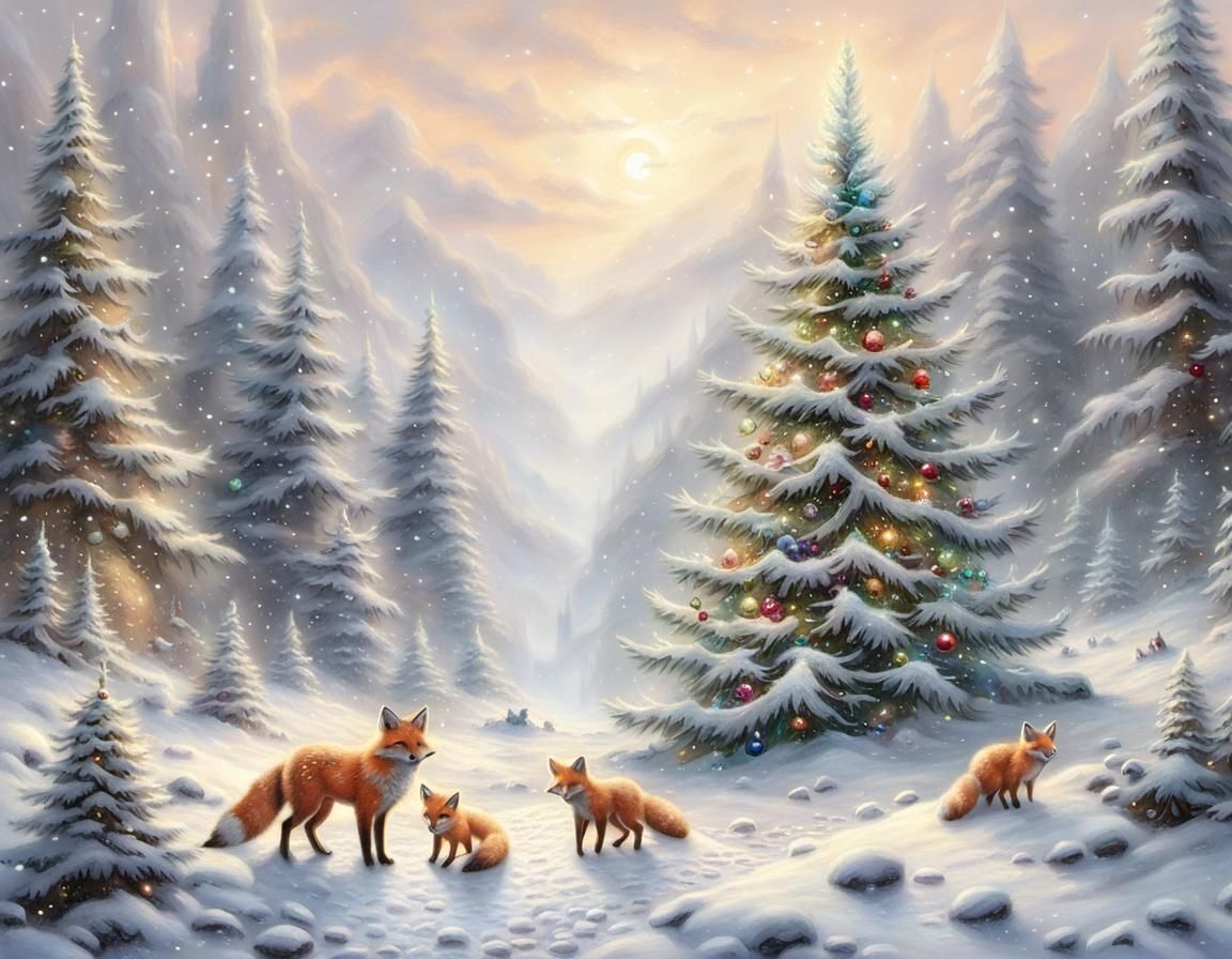 Cute Foxes Celebrate Christmas in Snowy Forest