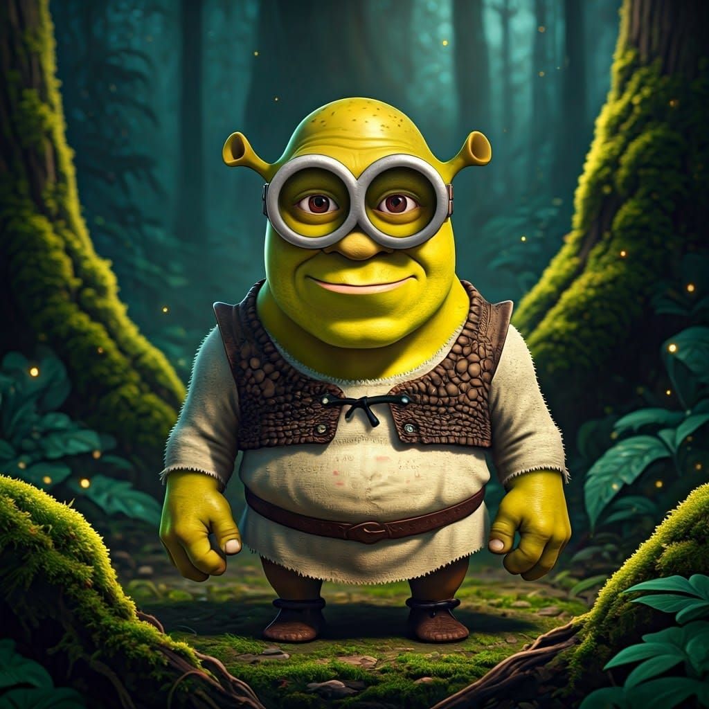 Shrek-Minion Hybrid in Mystical Forest, Fantasy Concept Art