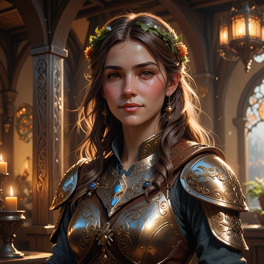 Friendly Fantasy Bard in Ornate Armor, Warm Golden Lighting