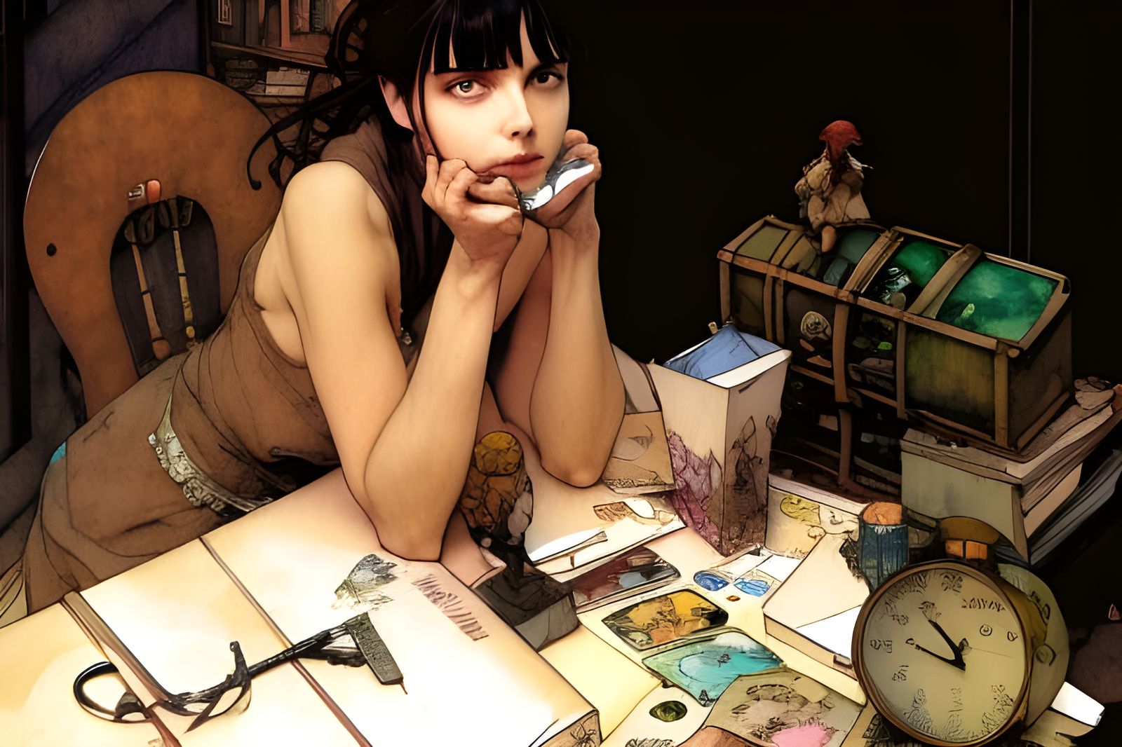 Watercolor Comic Art: Cluttered Table in Anime Style