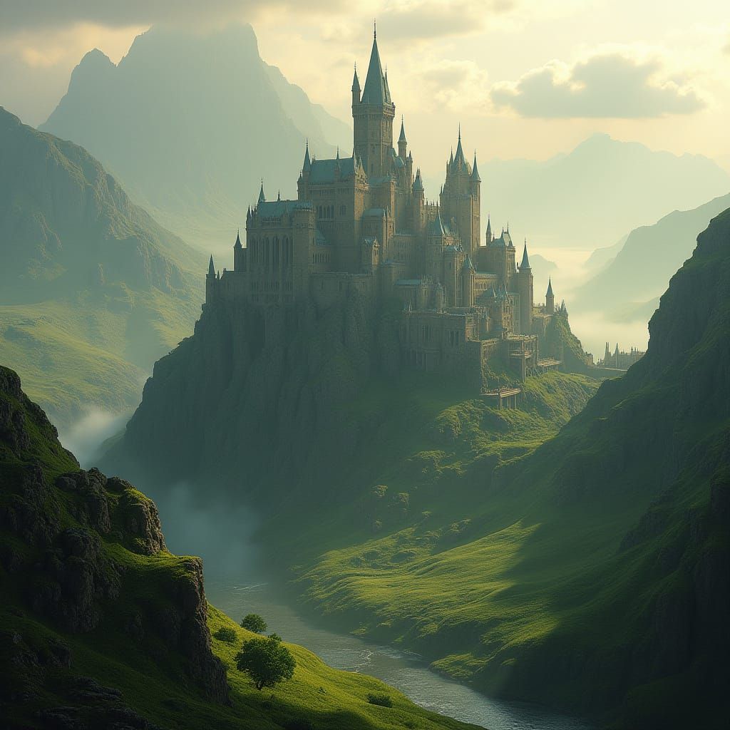 Ethereal Citadel Amidst Misty Mountains