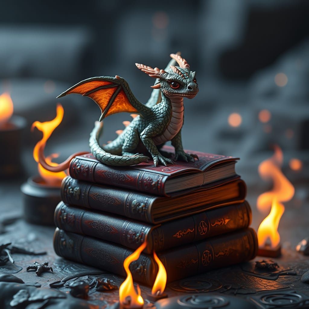 Dragon Sits on Ancient Tomes, Iridescent Wings Glowing