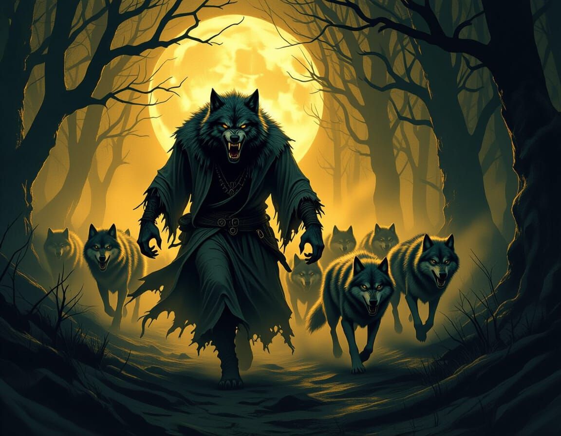 Werewolf Leads Pack Through Dark Forest