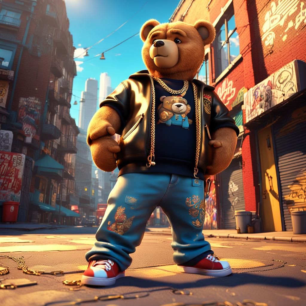 Hip-Hop Teddy Bear in Urban 3D Cartoon Style