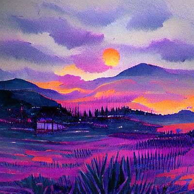Detailed Gouache Painting of a Purple Sunset