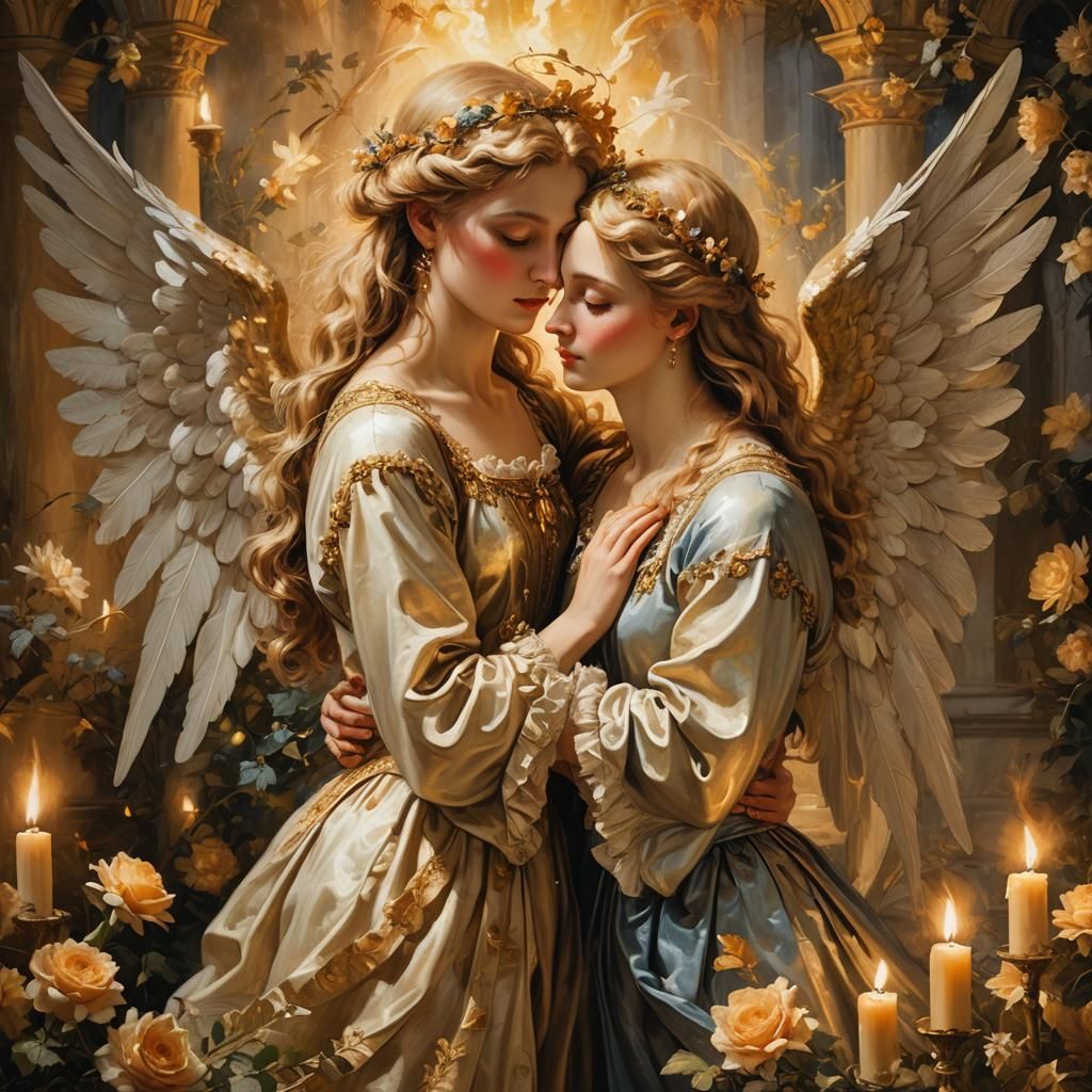 Romantic Angel and Devil Kiss in Baroque Style