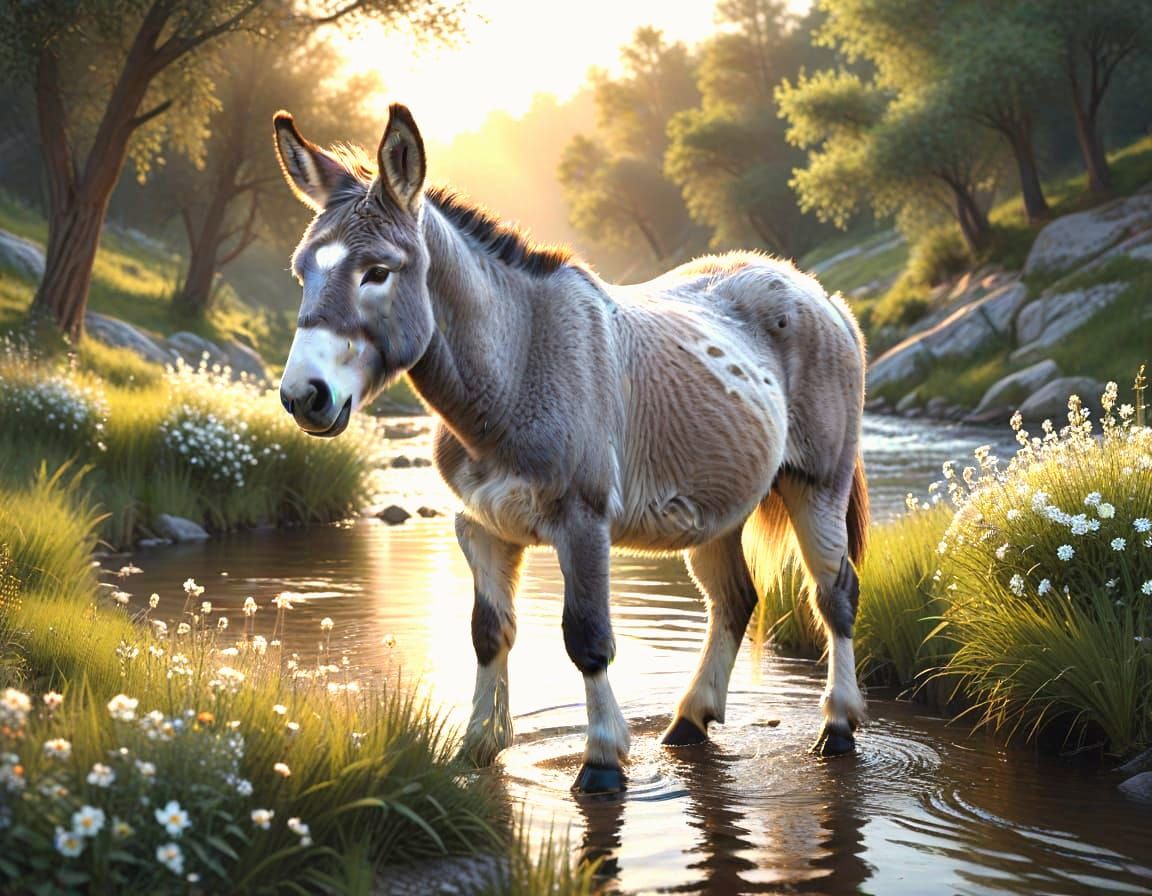 Fluffy Grey Donkey by a Creek with Wildflowers