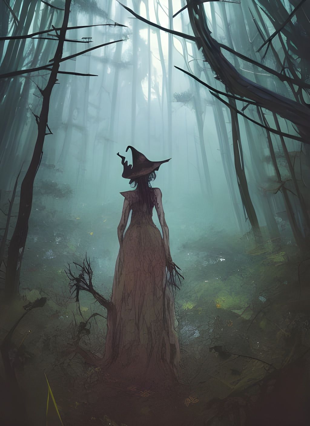 Spooky Witch in Haunted Forest Digital Illustration