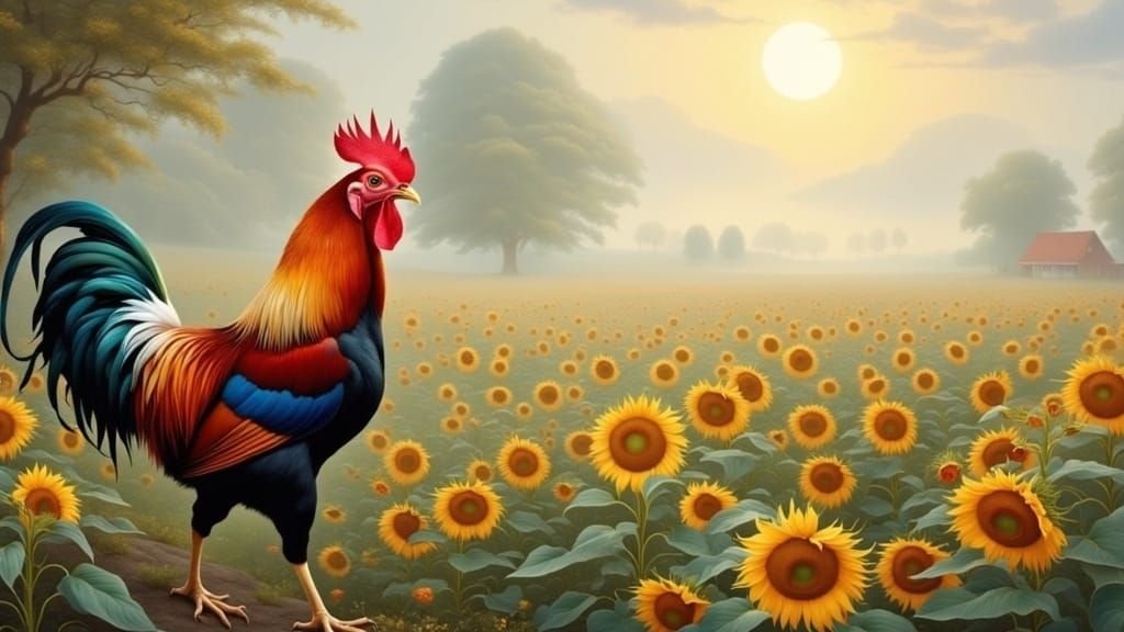 Rooster in Foggy Sunflower Field Landscape