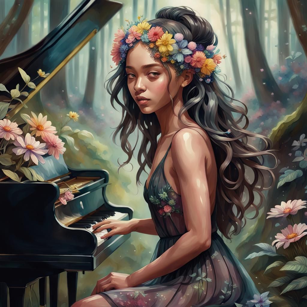 Girl with Flowers Plays Piano in Watercolor Style