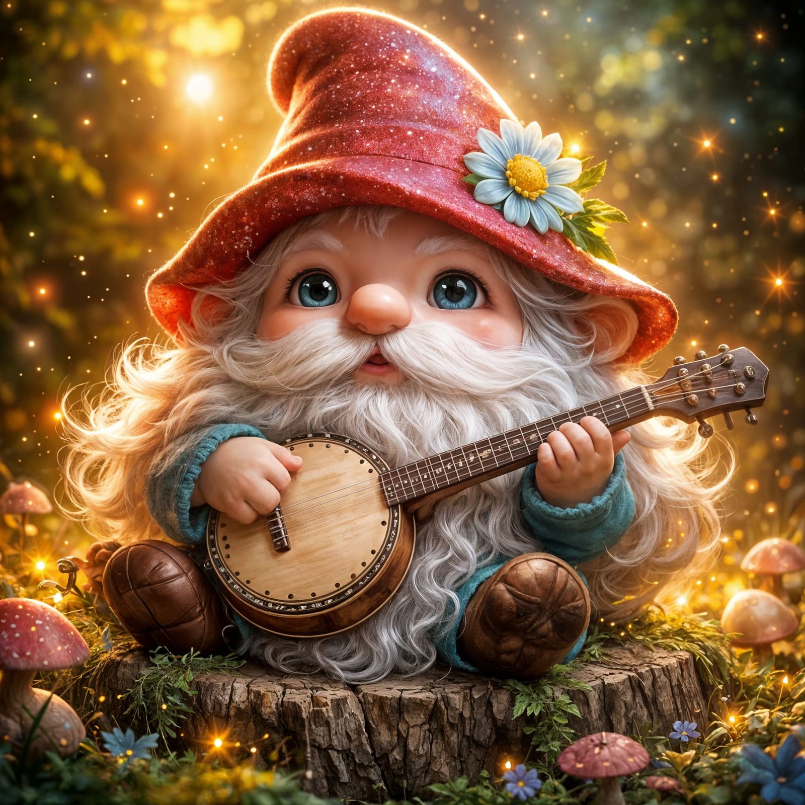Cute Kawaii Gnome Playing Banjo in Ethereal Fantasy Realism