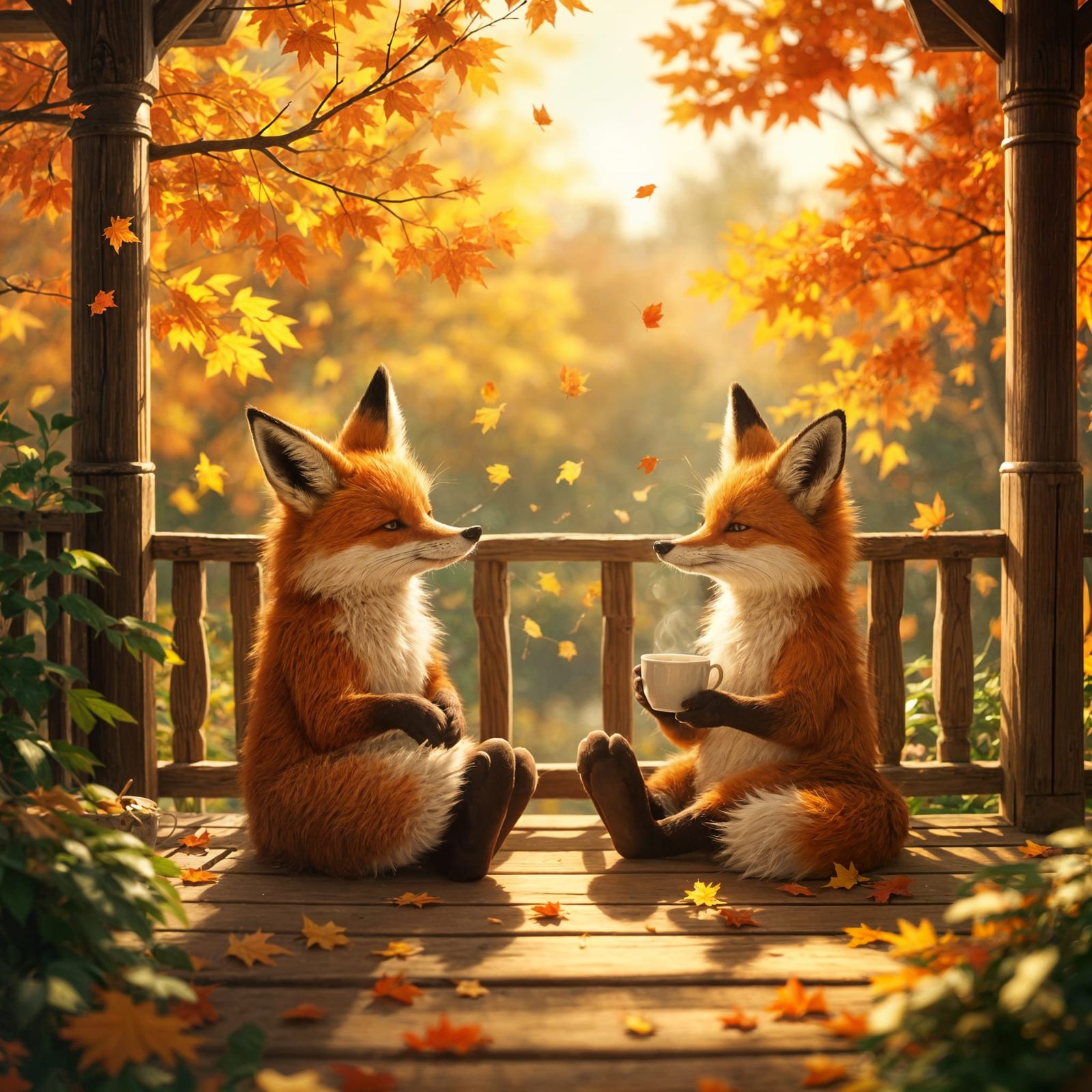 Fox Sipping Tea on Autumn Porch, Ghibli-Inspired