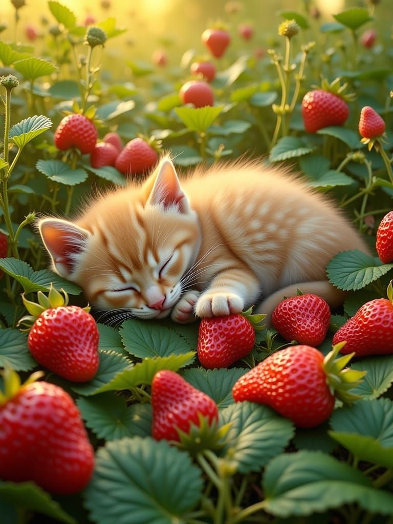Fluffy Kitten Sleeps in Strawberry Patch - Storybook Style