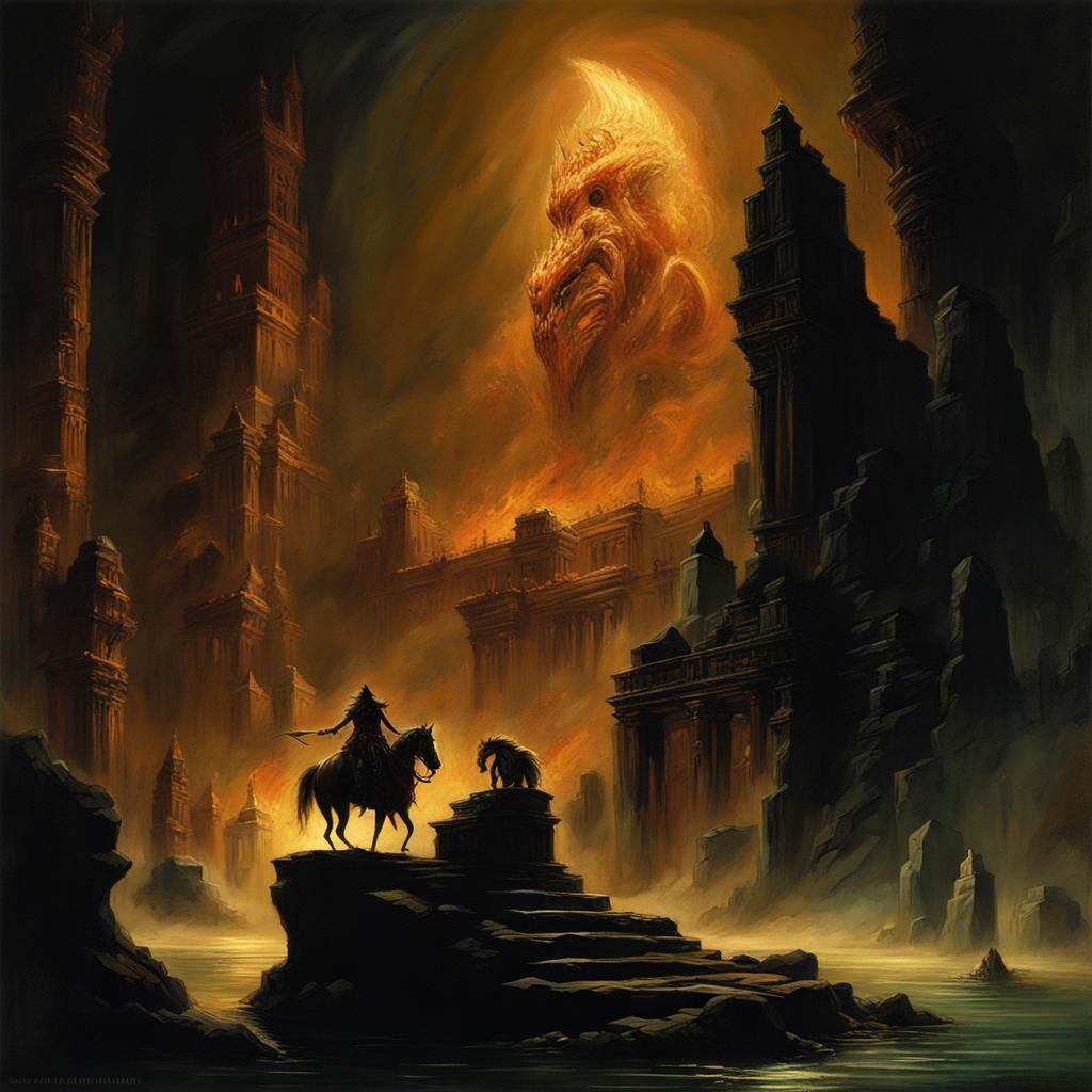 Stygian Serpent Lurks in Shadowy Temples, Frazetta Style