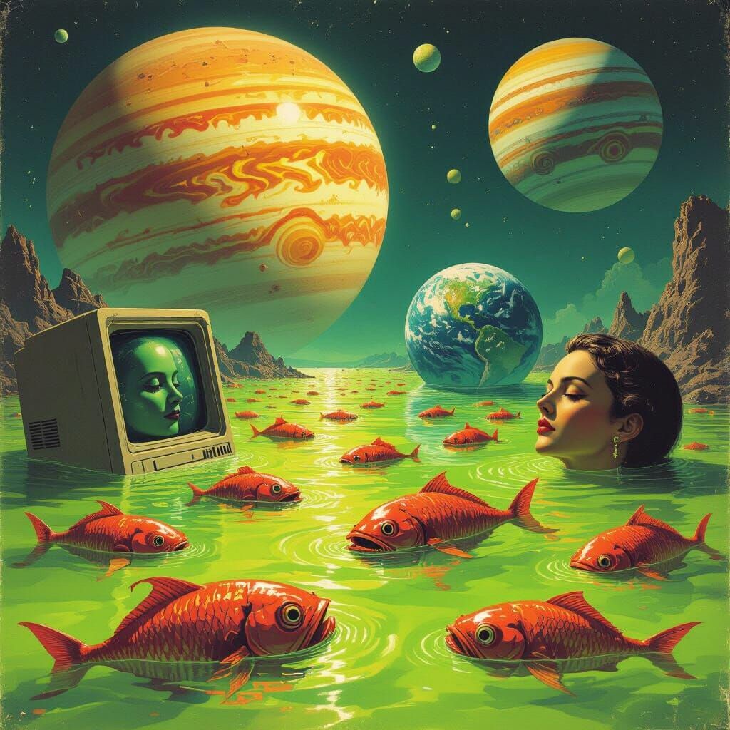 Surreal Sci-Fi Book Cover: Planets with Faces Devour Monstro...