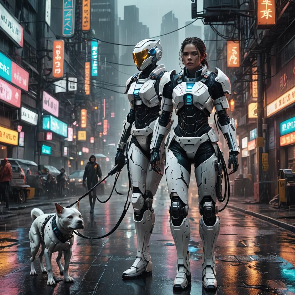 Sci-Fi Woman with Cyborg Pet in Neon City