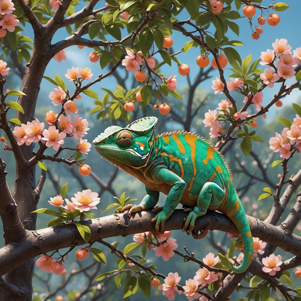 Chameleon on Apricot Tree in 3D Anime Style
