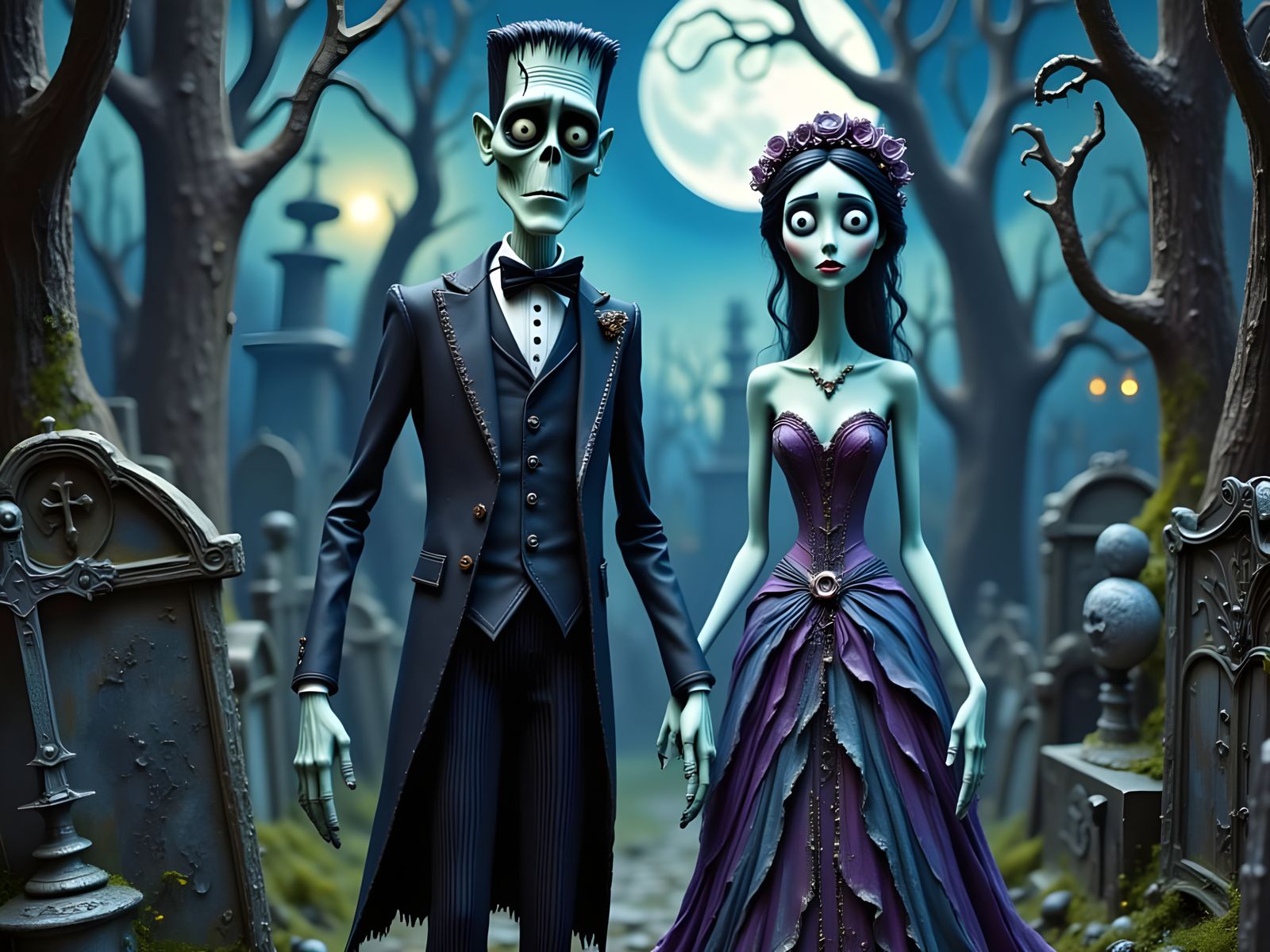 Frankenstein's Monster & Bride in Misty Graveyard