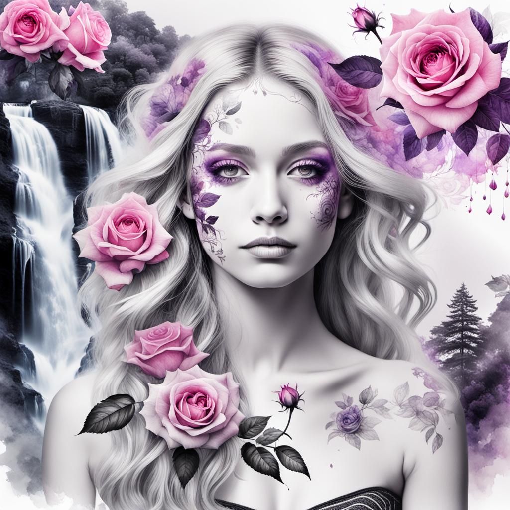 Double Exposure Ink Painting of Woman with Roses