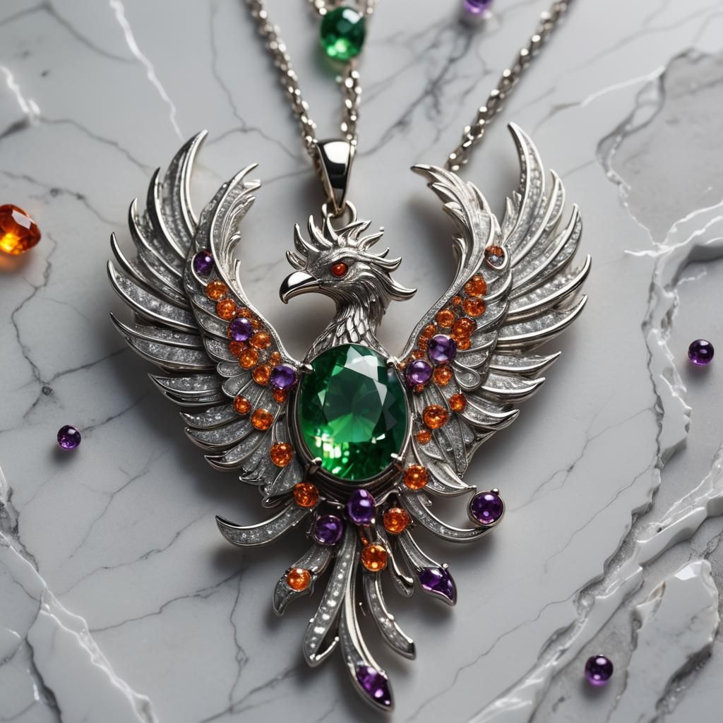 Gemstone Phoenix Pendant on Marble, Fantasy Art