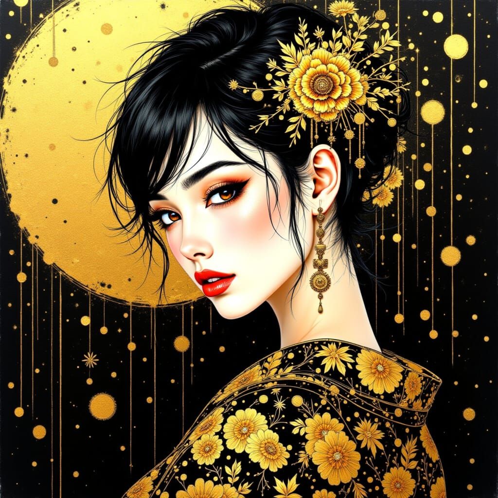 Elegant Oriental Lady in Ancient Gold Style