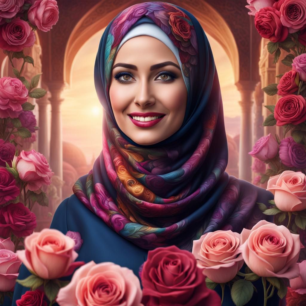 Beautiful Hijabi Woman Portrait with Roses Background