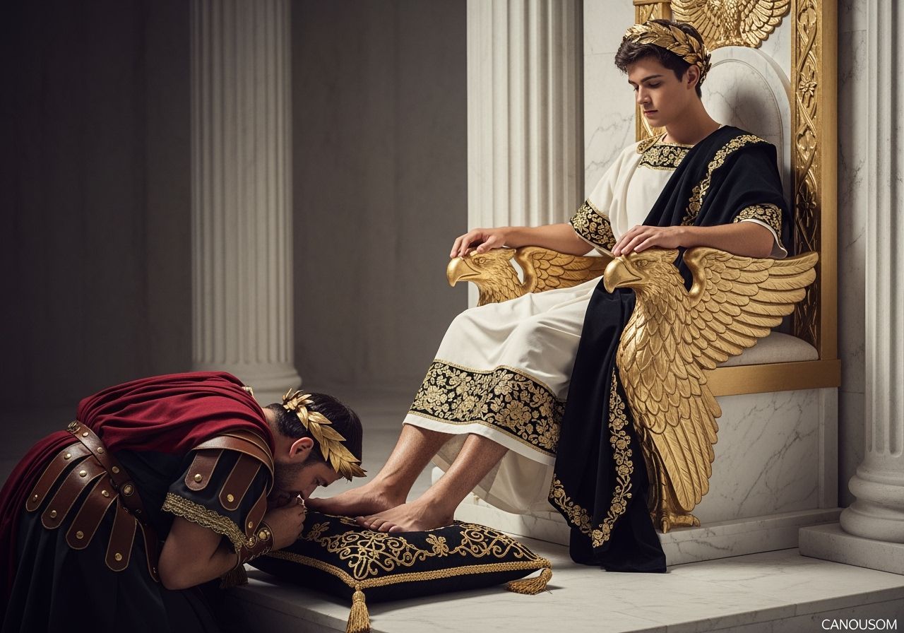 Young Emperor on Eagle Throne in Opulent Roman Style
