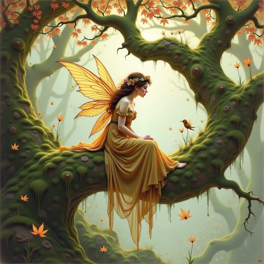 Autumn Fairy on Mossy Branch, Art Nouveau Style