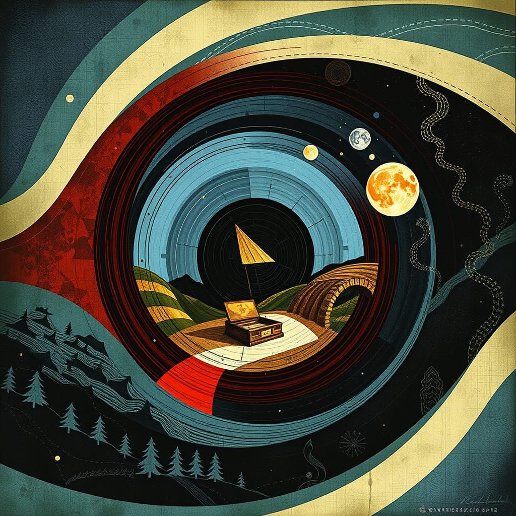 Nostalgic Memoryscape with Radial Lines and Collage