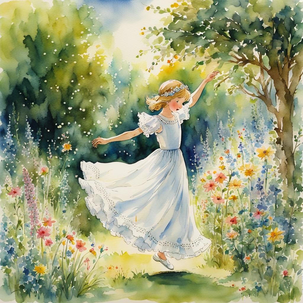 Girl Dancing in Summer Garden Watercolor Fairytale